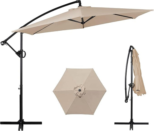 Shintenchi Patio Offset Umbrella with Easy Tilt Adjustment, Crank and Cross Base, Outdoor Cantilever Hanging Umbrella, Sunshade Canopy, Khaki