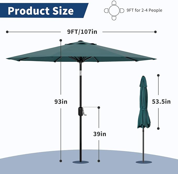 9Ft Patio Umbrella - 8 Sturdy Ribs Outdoor Table Umbrella with Crank Lift & Push Button Tilt - Market Umbrella for Pool, Deck, Yard, Garden - Turquoise