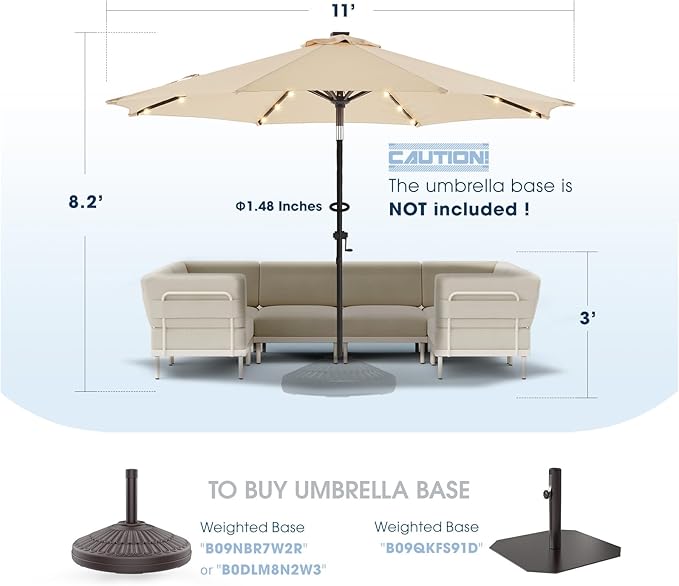 wikiwiki 11ft Solar Led Patio Umbrella, Sturdy Outdoor Market Umbrella for Deck, Pool, Garden w/Tilt, Crank, 32 LED Lights, Beige