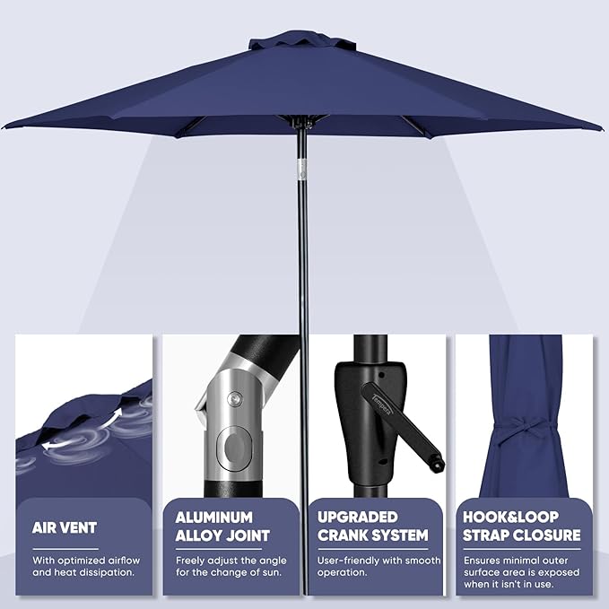 Tempera Patio Market Outdoor Table Umbrella with Push Button Tilt and Crank,Large Sun Umbrella with Sturdy Pole&Fade resistant canopy,Easy to set