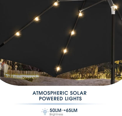 wikiwiki 9ft Solar Led Patio Umbrella, Sturdy Outdoor Market Umbrella for Deck, Pool, Garden w/Tilt, Crank, 32 LED Lights, Black