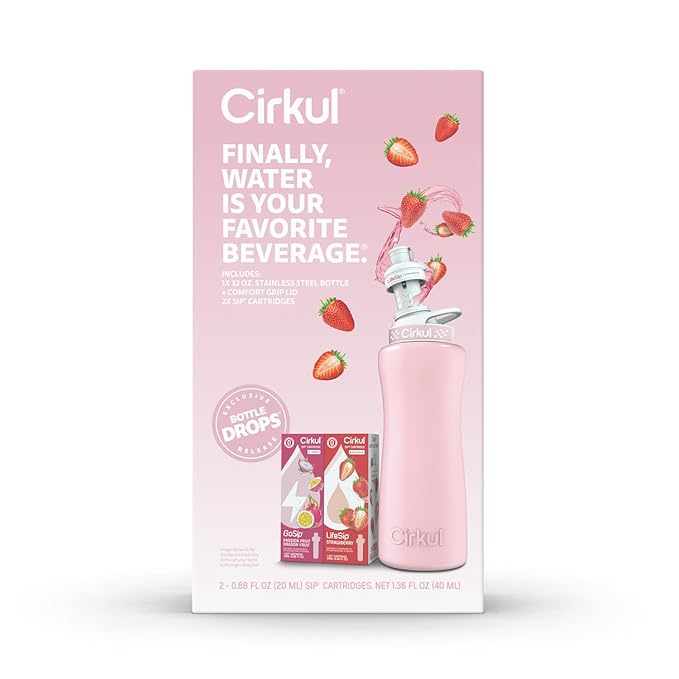 Cirkul 32oz. Blush Pink Stainless Steel Water Bottle Starter Kit with Pink Lid and 2 Flavor Cartridges (1 LifeSip Strawberry, 1 GoSip Passion Fruit Dragon Fruit) Zero Calories and No Sugar