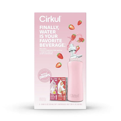 Cirkul 32oz. Blush Pink Stainless Steel Water Bottle Starter Kit with Pink Lid and 2 Flavor Cartridges (1 LifeSip Strawberry, 1 GoSip Passion Fruit Dragon Fruit) Zero Calories and No Sugar
