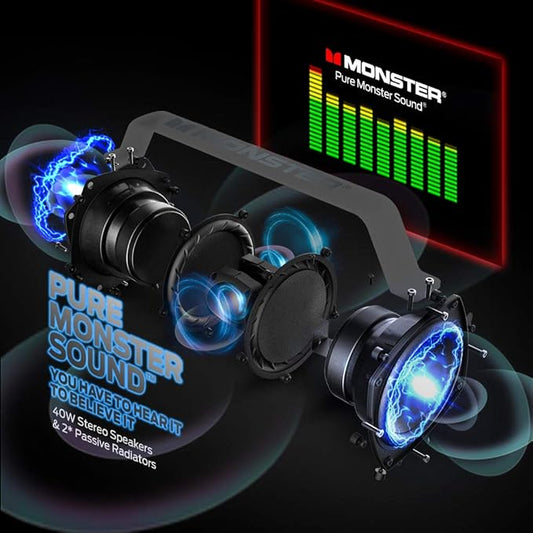 Monster Adventurer Force Bluetooth Speaker IPX7 Waterproof Speaker 5.0 with Microphone Input, 80W Portable Bluetooth Speakers with 40H Playtime for Indoor Outdoor Party, Black