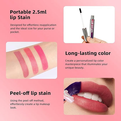 3 Pcs Peel Off Lip Stain Lip Tint Set, Lip Stain Peel Off Matte Lip Liner, Long-Lasting Lip Tint Stain Peel Off Lip Gloss, Waterproof Non-stick Cup Peel Off Lipstick Lip Stains for Women