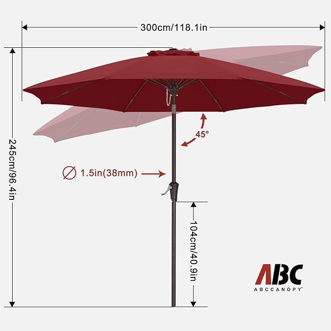 ABCCANOPY 10FT Patio Umbrella, Outdoor Waterproof Table Umbrella with Push Button Tilt and Crank, 8 Ribs UV Protection Pool Umbrella for Garden, Lawn, Deck & Backyard (Burgundy)
