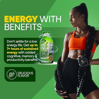 Vitamin Energy Focus+ Extra Strength Daily Energy Shot – Grape – 260mg Natural Caffeine, 100% DV B-Vitamins – Focus & Productivity Support – Zero Sugar, Vegan, Kosher – 1.93 fl oz, 24-Pack