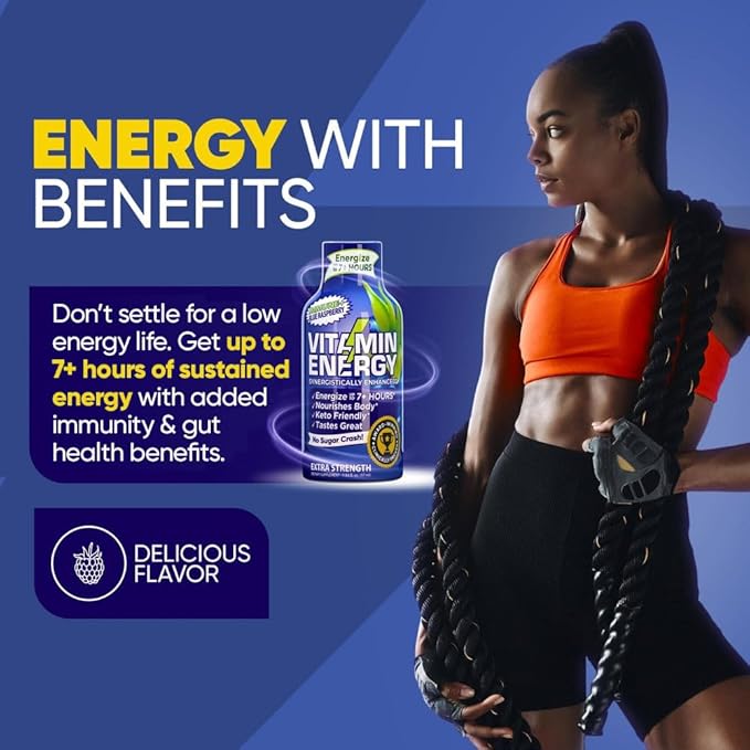 Vitamin Energy Immune+ Extra Strength Daily Energy Shot – Blue Raspberry – 260mg Natural Caffeine, B-Vitamins, Green Tea, Citicoline – Immune & Focus Support – Zero Sugar, Vegan – 1.93 fl oz, 12-Pack