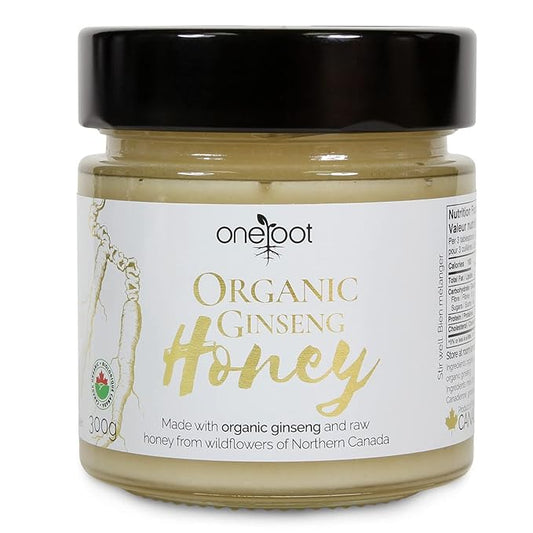 ONEROOT Organic Ginseng Infused Honey 300g (10.6oz) - Infusion of 100% Organic Northern Wildflower Raw Honey and Organic Ontario Ginseng