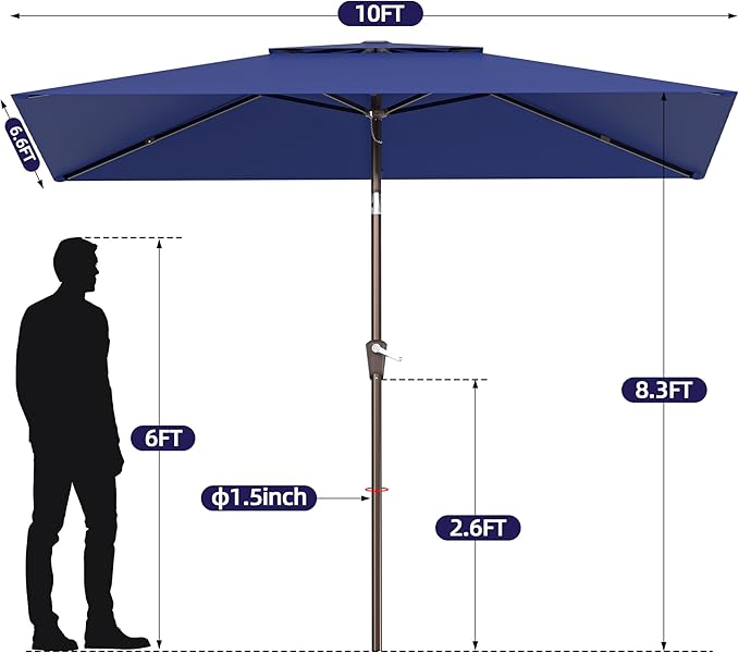 6.6x10ft Rectangular Patio Umbrella, 2 Tiers Outdoor Table Umbrellas with Push Button Tilt and Crank for Patio, Pool, Backyard, Deck, Picnic, Yard (Navy)