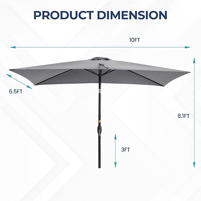 SUNVIVI OUTDOOR Patio Umbrella, 6.5' x 10' Rectangular Patio Umbrella, Metal Pole Square Outdoor Umbrella with Crank and Push Button Tilt, 6 Steel Ribs, Polyester Canopy