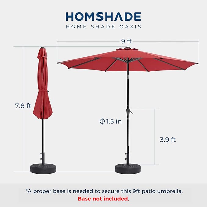 9ft Outdoor Patio Umbrella - Market Table Pool Deck Umbrella UPF50+ UV Protection with Push Button Tilt, Crank and 8 Sturdy Ribs (Red, No base)