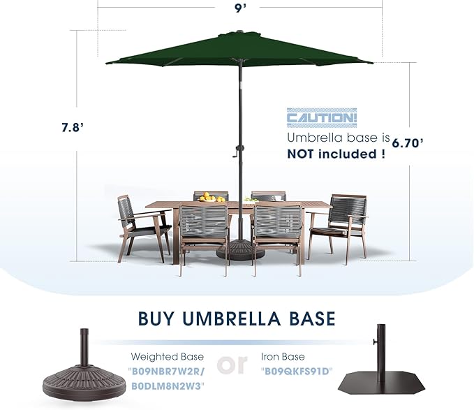 wikiwiki 9 FT Patio Umbrellas Outdoor Table Market Umbrella with Push Button Tilt/Crank, 8 Sturdy Ribs, Fade Resistant Waterproof POLYESTER DTY Canopy for Garden, Lawn, Backyard & Pool, Dark Green