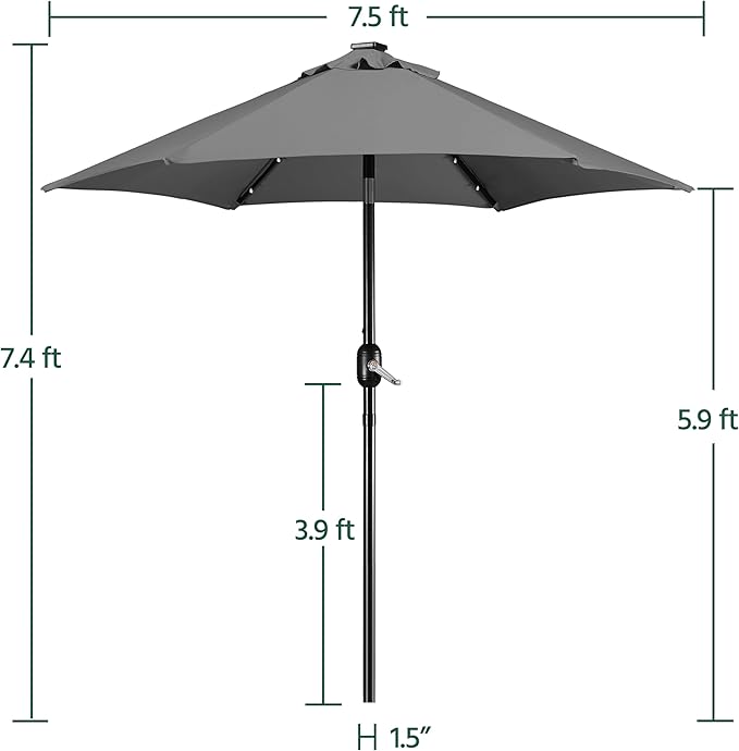 Yaheetech 7.5 ft Solar Patio Umbrella LED Lighted Umbrella with Tilt and Crank Lift System, Table Market Sunshade for Garden, Deck, Backyard, Pool and Beach, Grey