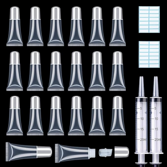 AMORIX 50PCS Lip Gloss Tubes 5ml Silver Cap Lip Gloss Containers Empty Lip Balm Tubes Refillable Cosmetic Squeeze Lipgloss Tubes + 2 x 20ml Syringes Tag Labels for DIY Lip Gloss Base Glitter