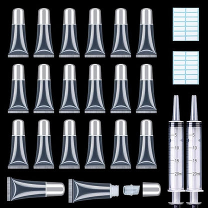 AMORIX 50PCS Lip Gloss Tubes 5ml Silver Cap Lip Gloss Containers Empty Lip Balm Tubes Refillable Cosmetic Squeeze Lipgloss Tubes + 2 x 20ml Syringes Tag Labels for DIY Lip Gloss Base Glitter