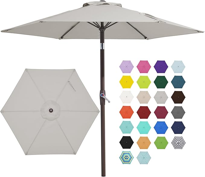 JEAREY 7.5FT Patio Umbrella Market Table Umbrella with 6 Sturdy Ribs, Push Button Tilt/Crank Outdoor Umbrella for Garden, Deck, Backyard, Pool and Beach,Light Grey