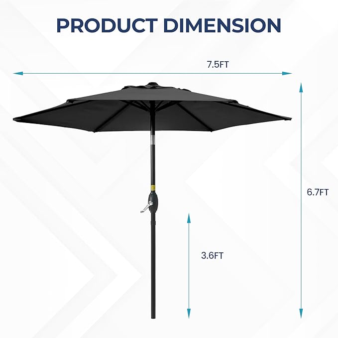 SUNVIVI OUTDOOR 7.5' Outdoor Patio Umbrella, Patio Umbrella, Market Umbrella, Metal Pole Umbrella with Push Button Tilt and Crank, 6 Ribs, Polyester Canopy