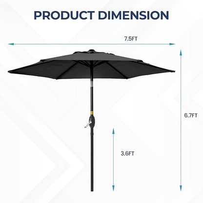 SUNVIVI OUTDOOR 7.5' Outdoor Patio Umbrella, Patio Umbrella, Market Umbrella, Metal Pole Umbrella with Push Button Tilt and Crank, 6 Ribs, Polyester Canopy