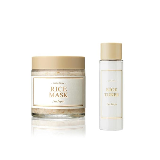 I'm from Rice Mask 3.88 Oz + Toner 1.01 Fl Oz, Korean Exfoliate and Glow Set, Smooth and Glowing Skin, Wash Off Mask for Dry Sensitive Skin