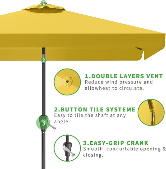 6.5 * 10FT Rectangular Patio Umbrella Table Market Umbrella w/Tilt and Crank Outdoor Umbrellas for Garden, Deck, Backyard, Pool and Beach, Yellow