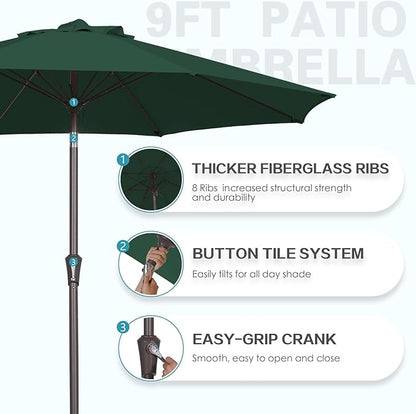 PatioKingdom 9FT Patio Outdoor Umbrella-UPF 50+ Sun Shade with Wind Vent, Push-Button Tilt & Smooth Crank Lift, Rust-Resistant Fiberglass Frame for Garden, Backyard,Yard