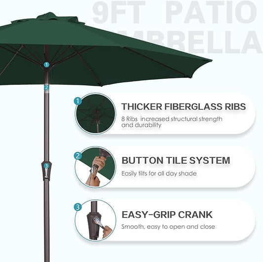 PatioKingdom 9FT Patio Outdoor Umbrella-UPF 50+ Sun Shade with Wind Vent, Push-Button Tilt & Smooth Crank Lift, Rust-Resistant Fiberglass Frame for Garden, Backyard,Yard