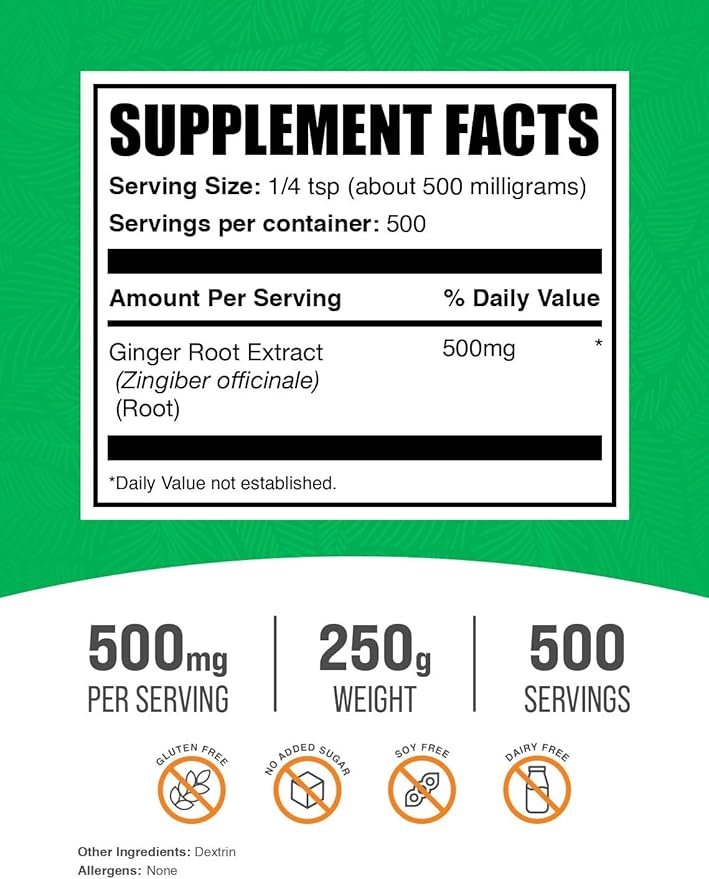 BulkSupplements.com Ginger Root Extract Powder - Ginger Supplement, Ginger Root Powder - Herbal Supplement, Gluten Free, 500mg per Serving, 250g (8.8 oz) (Pack of 1)