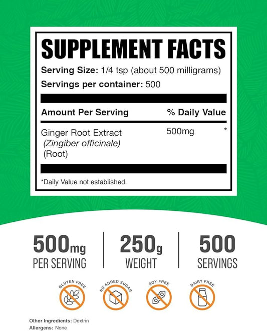 BulkSupplements.com Ginger Root Extract Powder - Ginger Supplement, Ginger Root Powder - Herbal Supplement, Gluten Free, 500mg per Serving, 250g (8.8 oz) (Pack of 1)