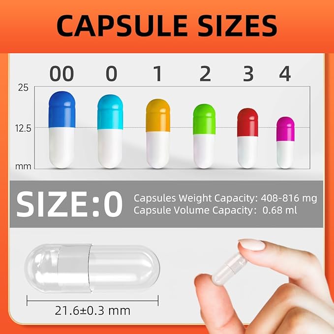 Size 0 Gel Capsules Empty, 500 Count Gelatin Empty Pill Capsules with 5 Micro Lab Spoons, Fillable Capsules for Powder, Pill Maker, Clear Capsules Empty
