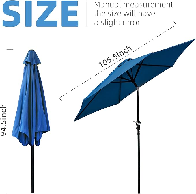 9FT Outdoor Patio Umbrella with Push Button Tilt and Crank, Beach Umbrella for Sun Shades, Market Umbrella with 6 Sturdy Metal Ribs, UV Resistant Waterproof for Garden, Backyard, Deck, Pool