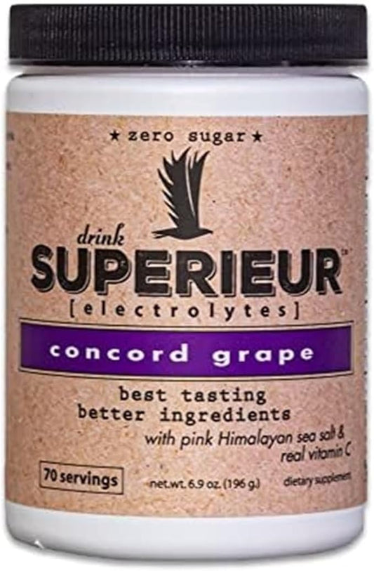 Superieur Electrolytes – Plant Based Electrolyte Supplement w/Sea Minerals for Hydration & Recovery–Keto Friendly, Non-GMO, Zero Sugar, Vegan Healthy Sports Drink Powder – Concord Grape (70 Servings)