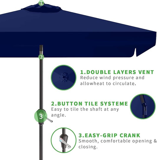 6.5 * 10FT Rectangular Patio Umbrella Table Market Umbrella w/Tilt and Crank Outdoor Umbrellas for Garden, Deck, Backyard, Pool and Beach, Navy