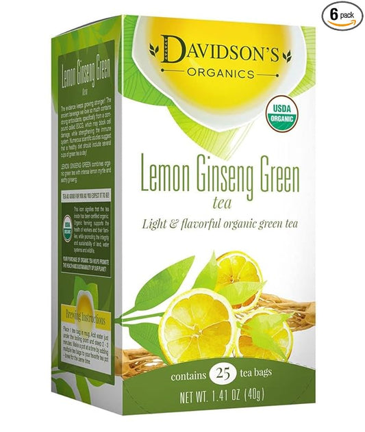 Davidson's Organics, Lemon Ginseng Green, 25-count Tea Bags, Pack of 6