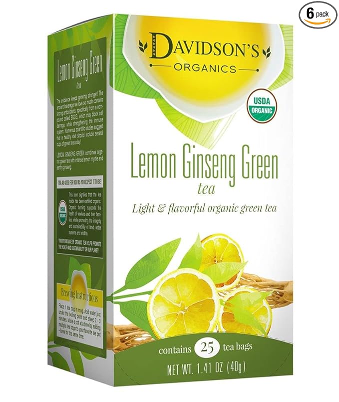 Davidson's Organics, Lemon Ginseng Green, 25-count Tea Bags, Pack of 6