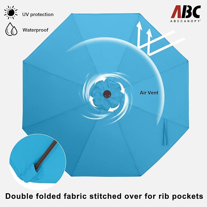 ABCCANOPY 11FT Patio Umbrella, Waterproof Table Umbrella with Push Button Tilt and Crank, 8 Ribs UV Protection Pool Umbrella for Garden, Lawn, Deck & Backyard (Turquoise)