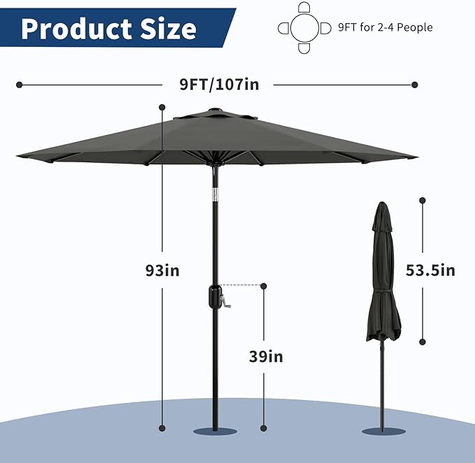 9Ft Patio Umbrella - 8 Sturdy Ribs Outdoor Table Umbrella with Crank Lift & Push Button Tilt - Market Umbrella for Pool, Deck, Yard, Garden - Gray