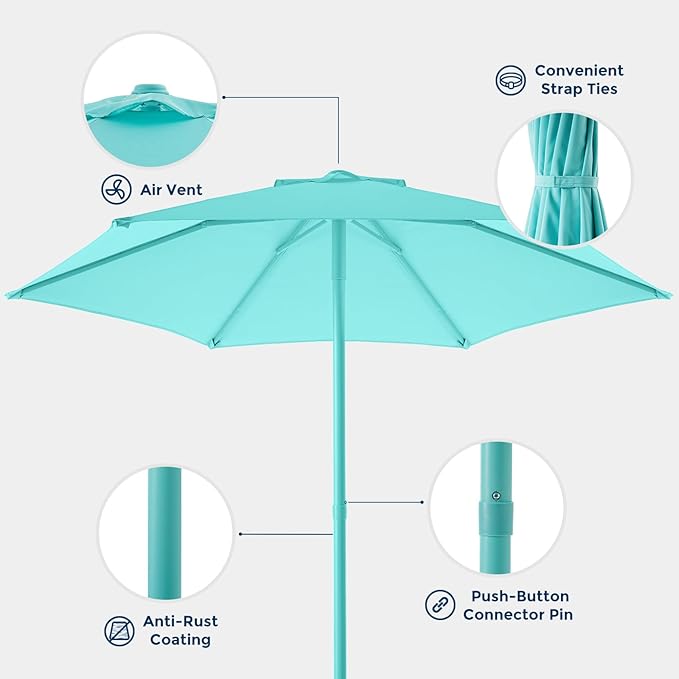 7.5ft Outdoor 1S Push-Up Patio Umbrella - Market Table Pool Deck Umbrella UPF50+ UV Protection with 6 Sturdy Ribs for Balcony, Garden, Lawn, Backyard (Tiffany Blue)
