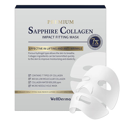 WELLDERMA Sapphire Collagen Impact Fitting Mask, Hydrating Hydrogel Face Mask for Dry Skin, With Niacinamide and Marine Collagen, 4pcs x 2ea (Total 8 Sheets)