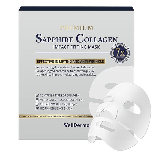 WELLDERMA Sapphire Collagen Impact Fitting Mask, Hydrating Hydrogel Face Mask for Dry Skin, With Niacinamide and Marine Collagen, 4pcs x 2ea (Total 8 Sheets)