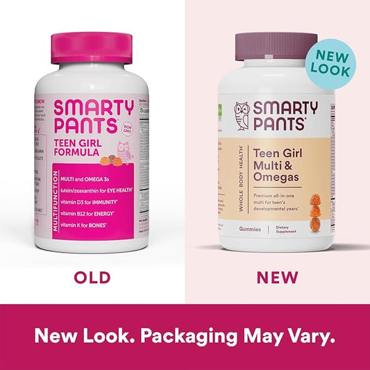 SmartyPants Teen Girl Multivitamin Gummies: Omega 3 Fish Oil (EPA/DHA), Vitamin D3, C, Vitamin B12, B6, Vitamin A, K & Zinc, Gluten Free, Three Fruit Flavors, 120 Count (30 Day Supply) (Pack of 2)