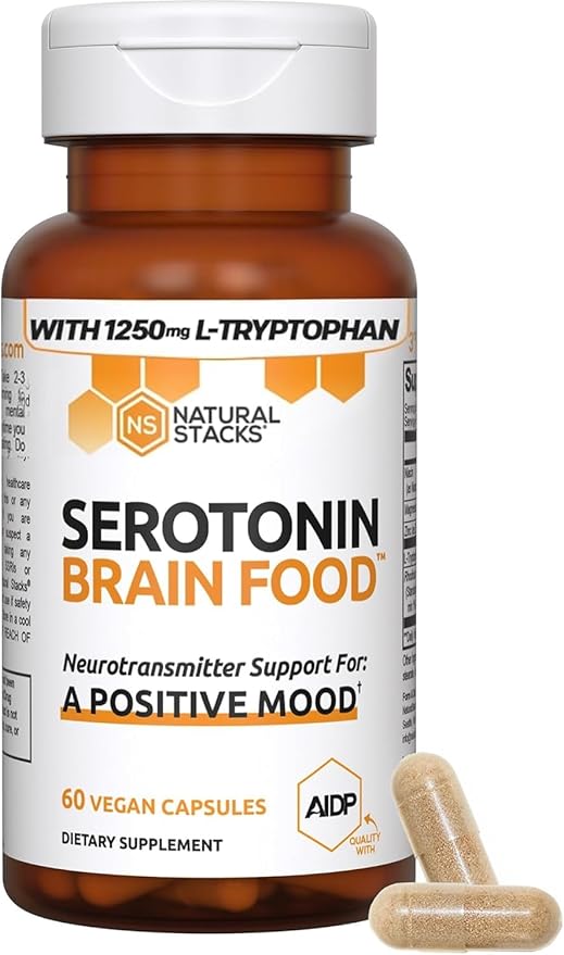 NATURAL STACKS Serotonin Brain Food - L-Tryptophan & Rhodiola Rosea - Mood Support Supplement - Promotes Positive Mood, Calmness, Stress Relief - Brain Support Supplement - 120 Capsules