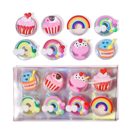 8PCS Cute Lip Gloss for Girls, Party Favors Lip Balm Set for Kids, Assorted Fruity Flavors Cute Cupcake of Rainbow Designs Birthday Gift