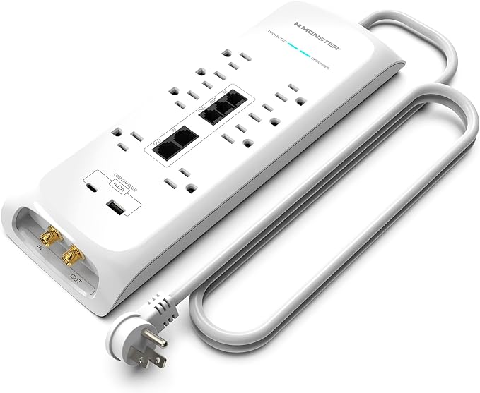 Monster White Heavy Duty Surge Protector Power Strip 6 ft Cord with 8 120V-Outlet Extension, 2 Ethernet Switch Ports, 4050J Rating, 1 USB-A, and 1 USB-C Charging Ports – Ideal for Computers & Offices