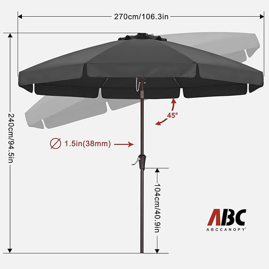 ABCCANOPY Patio Umbrella 9ft, Outdoor Table Umbrella with Push Button Tilt and Crank, 8 Ribs Umbrella for Patio Pool Garden Deck (Dark Gray)
