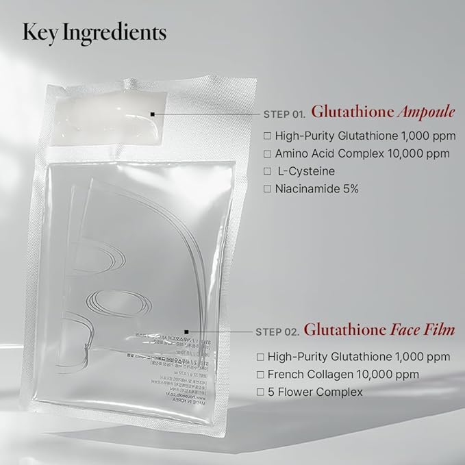 Glow Glutathione 2-Step Face Film Set for Wrinkle Reduction & Skin Tone Enhancement, Shine Your Light with 3 Counts Korean Mask