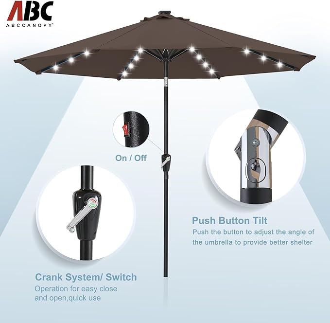 ABCCANOPY Durable Solar Led Patio Umbrellas with 32LED Lights 9FT (Brown)