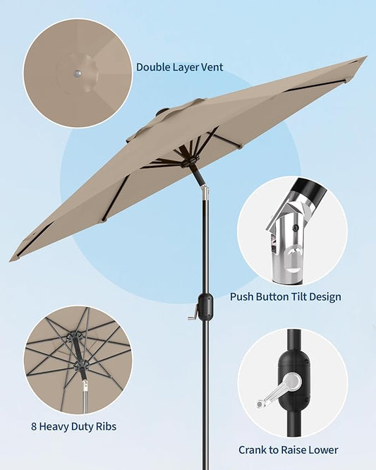 10FT Patio Umbrella Outdoor, Market Umbrella, Table Umbrella with Push Button Tilt and Crank, 8 Sturdy Ribs UV Protection Waterproof for Garden, Pool, Deck, Backyard (Tan)