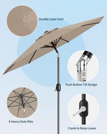 9FT Patio Umbrella Outdoor, Market Umbrella, Table Umbrella with Push Button Tilt and Crank, 8 Sturdy Ribs UV Protection Waterproof for Garden, Pool, Deck, Backyard (Tan)