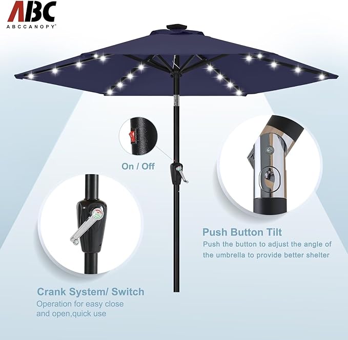 ABCCANOPY Durable Solar Led Patio Umbrellas with 24LED Lights 7.5FT with 6 Sturdy Ribs (Navy Blue)
